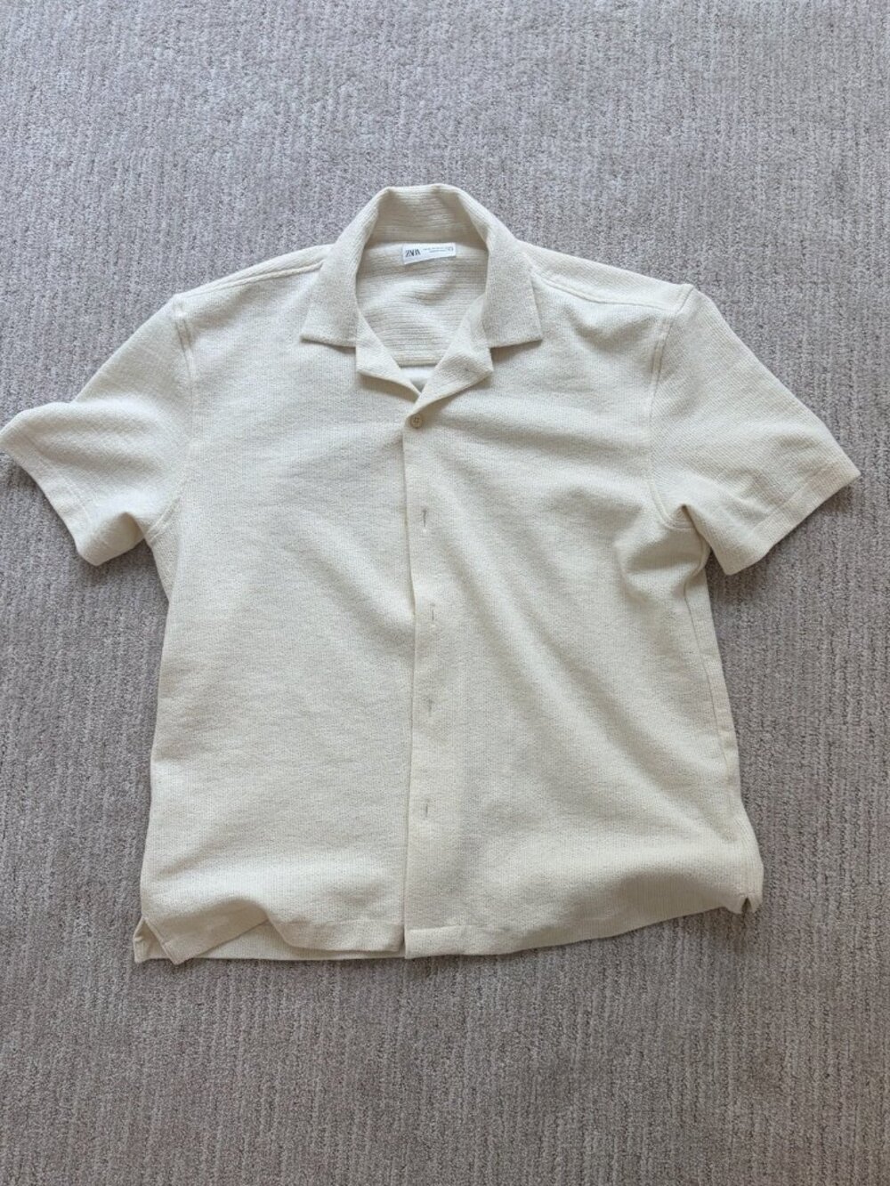 Zara Men's Cream Textured Camp Collar Shirt XL